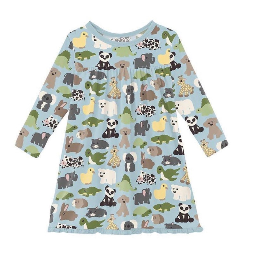 KICKEE KIDS Classic Long Sleeve Swing Dress- Spring Sky Too Many Stuffys -4T